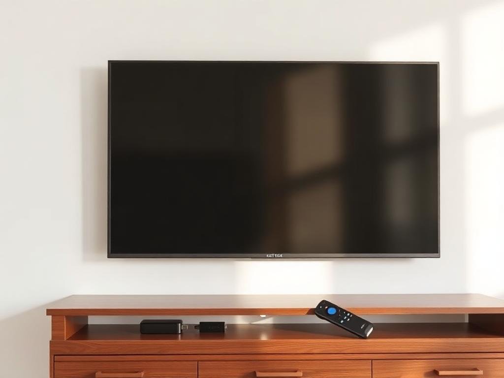 TV na parede com aparelho de streaming Fire TV Stick ao lado